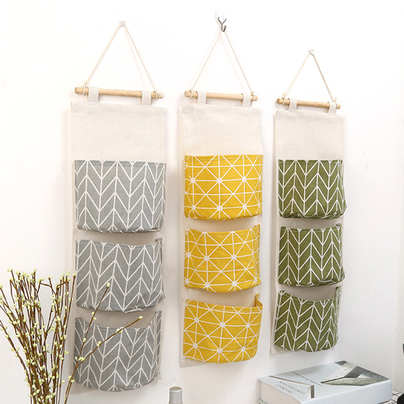 Linen Bag Bulk - 1 قطعة ثلاثة جيوب معلقة جدار